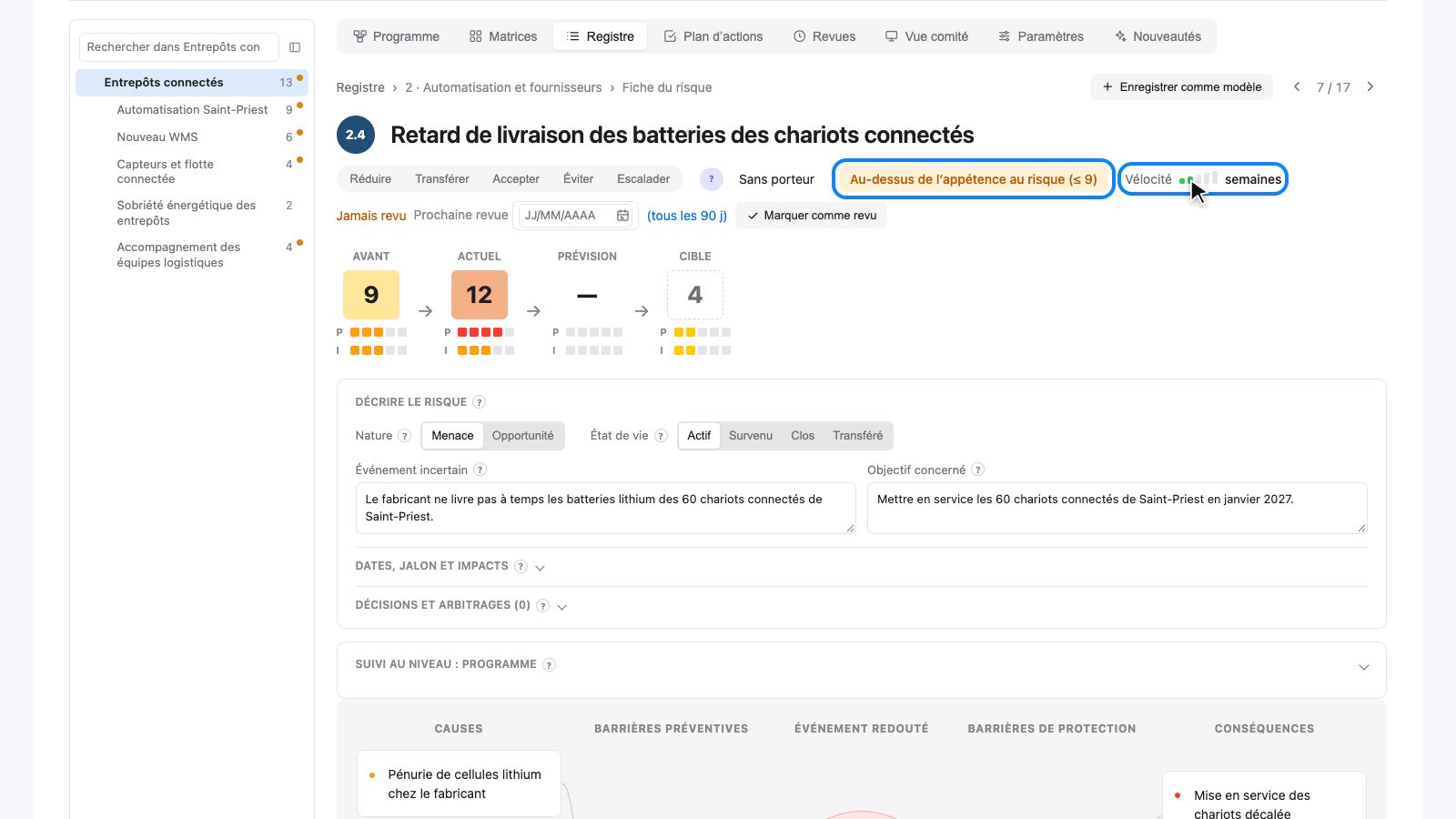 Fiche du risque 2.4 : mention au-dessus de l'appétence et réglage de la vélocité en semaines