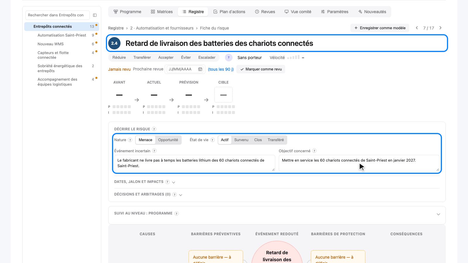 La fiche du risque 2.4 avec sa nature, son état de vie, son événement et son objectif
