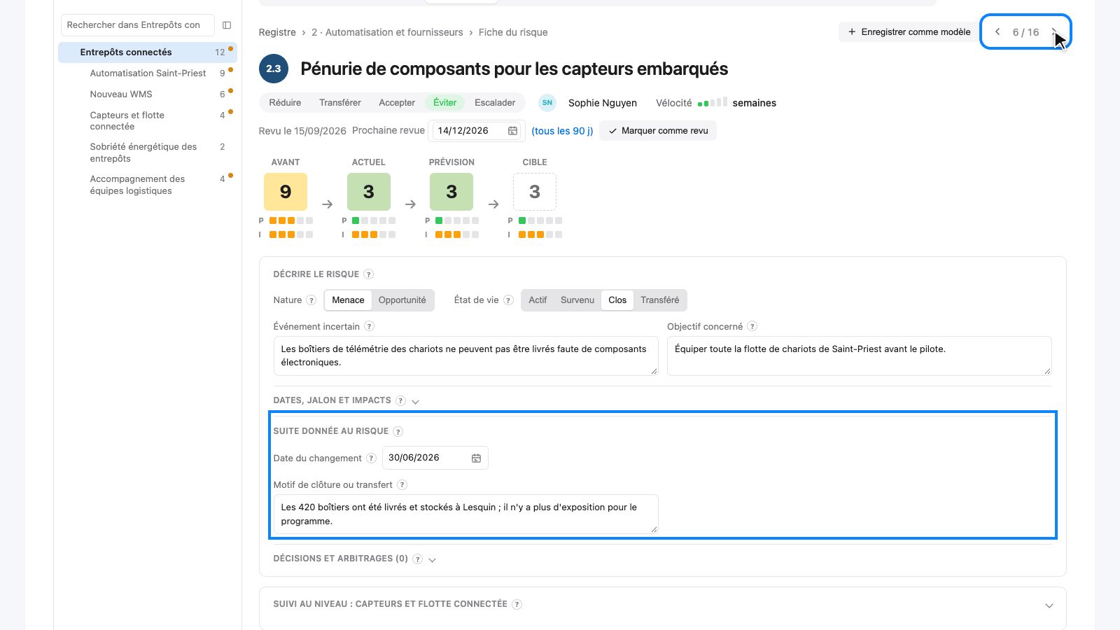 La fiche du risque 2.3, à l'état Clos, avec son motif de clôture
