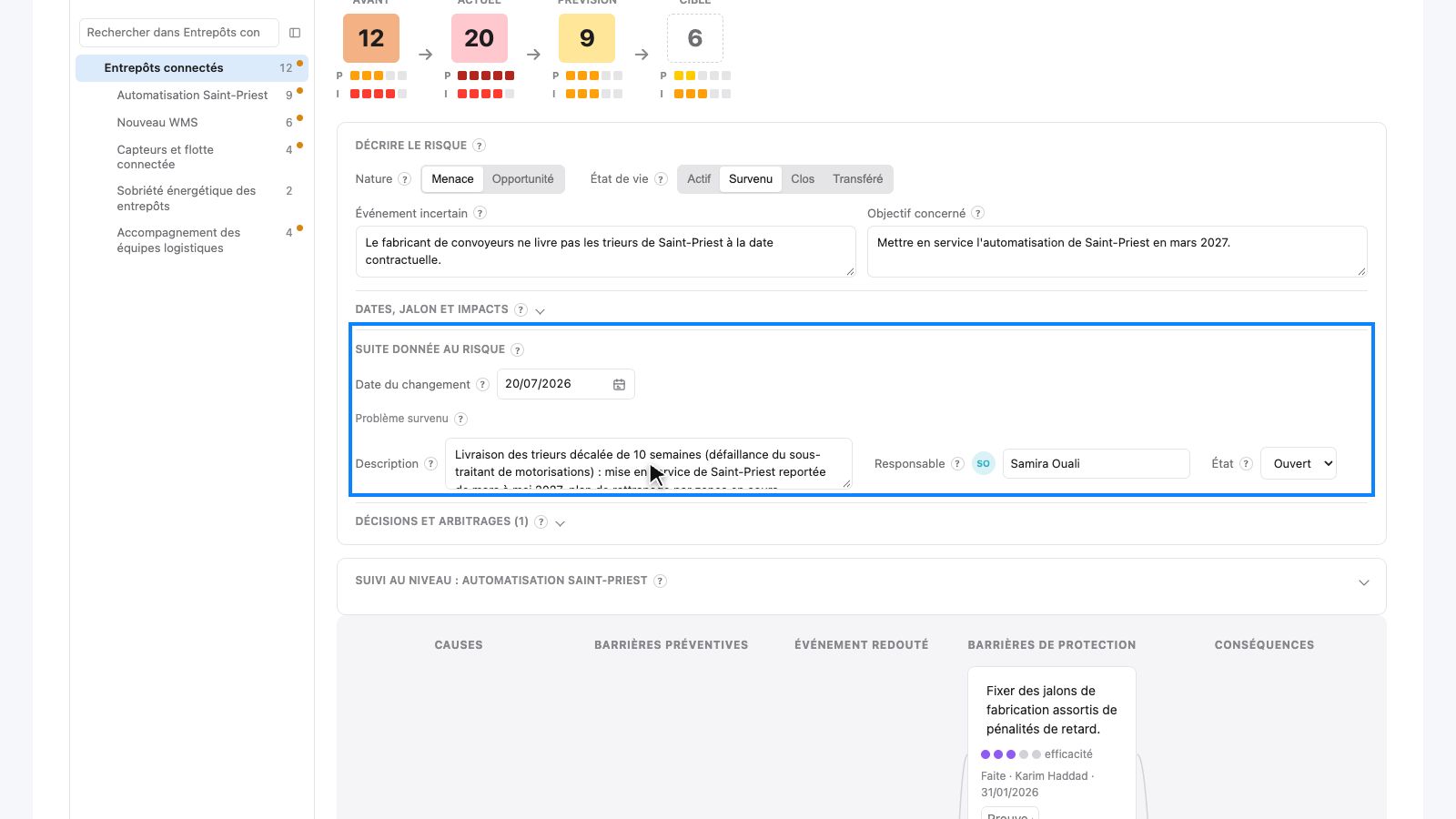 Volet Problème survenu du risque 2.2 : date du changement, description, responsable, état ouvert