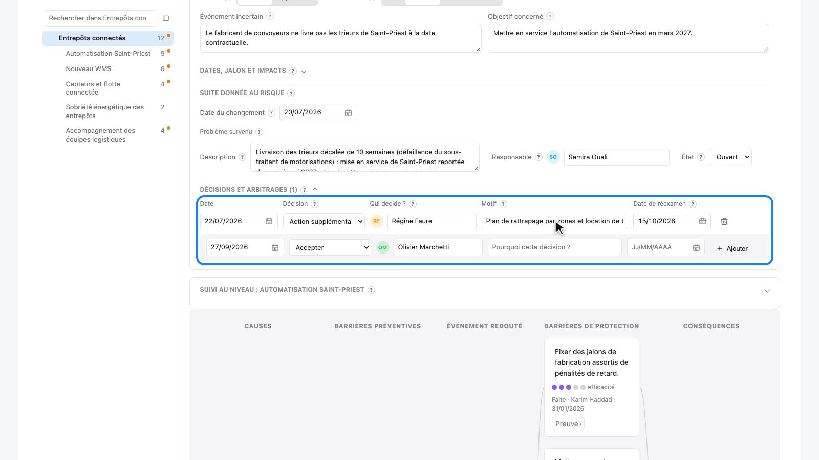 Décisions et arbitrages dans la fiche du risque : date, décision, décideur, motif, date de réexamen