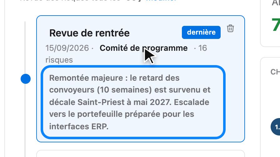 Carte « Revue de rentrée » du 15/09/2026, auteur Comité de programme, 16 risques, avec sa synthèse