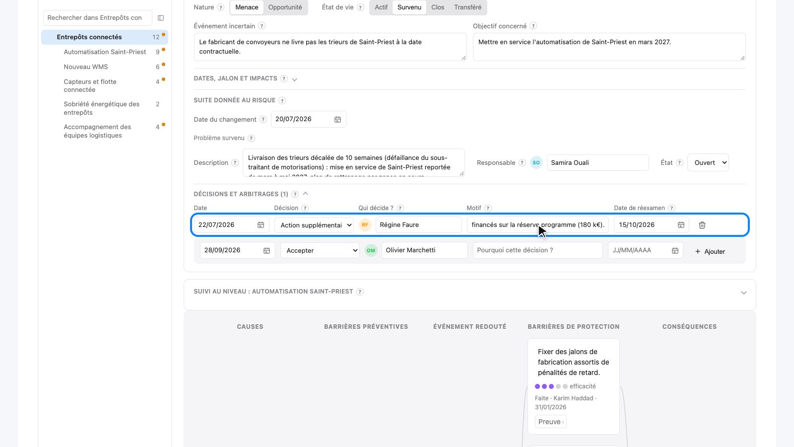 Fiche du 2.2, Décisions et arbitrages : le 22/07/2026, Action supplémentaire, décidée par Régine Faure, financée sur la réserve programme (180 k€), réexamen le 15/10/2026