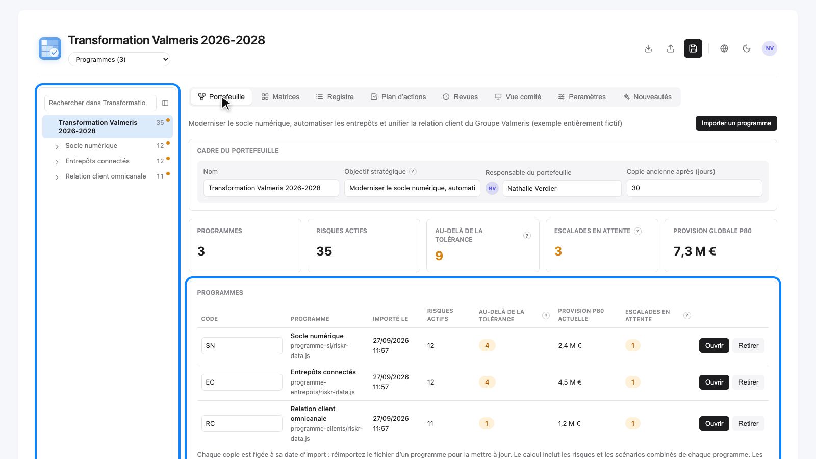 Le portefeuille Transformation Valmeris 2026-2028 dans Riskr : trois programmes, 35 risques actifs, 9 au-delà de la tolérance, 3 escalades en attente, provision globale P80 de 7,3 millions d'euros.