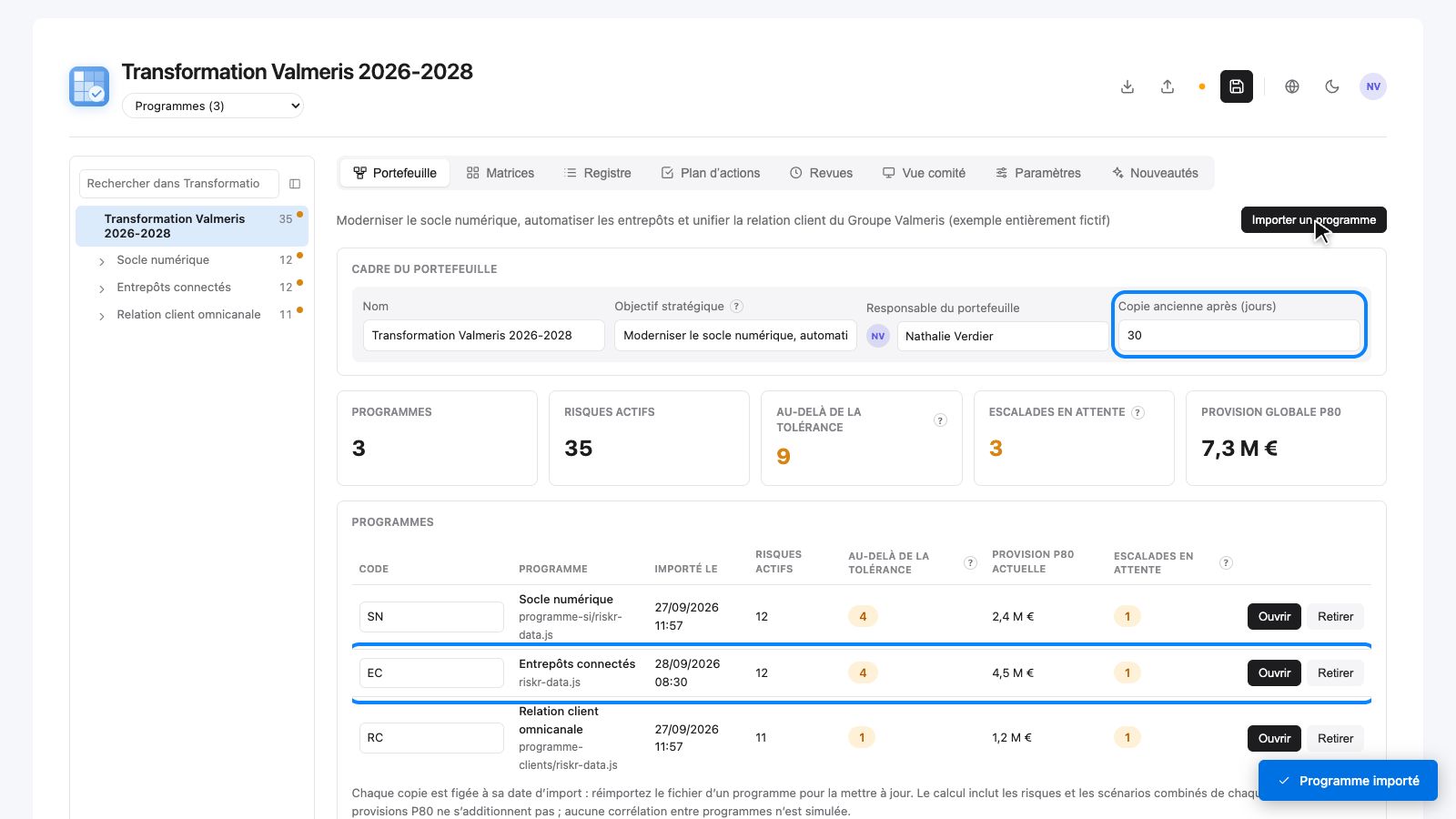 Portefeuille Transformation Valmeris après le réimport d'Entrepôts connectés